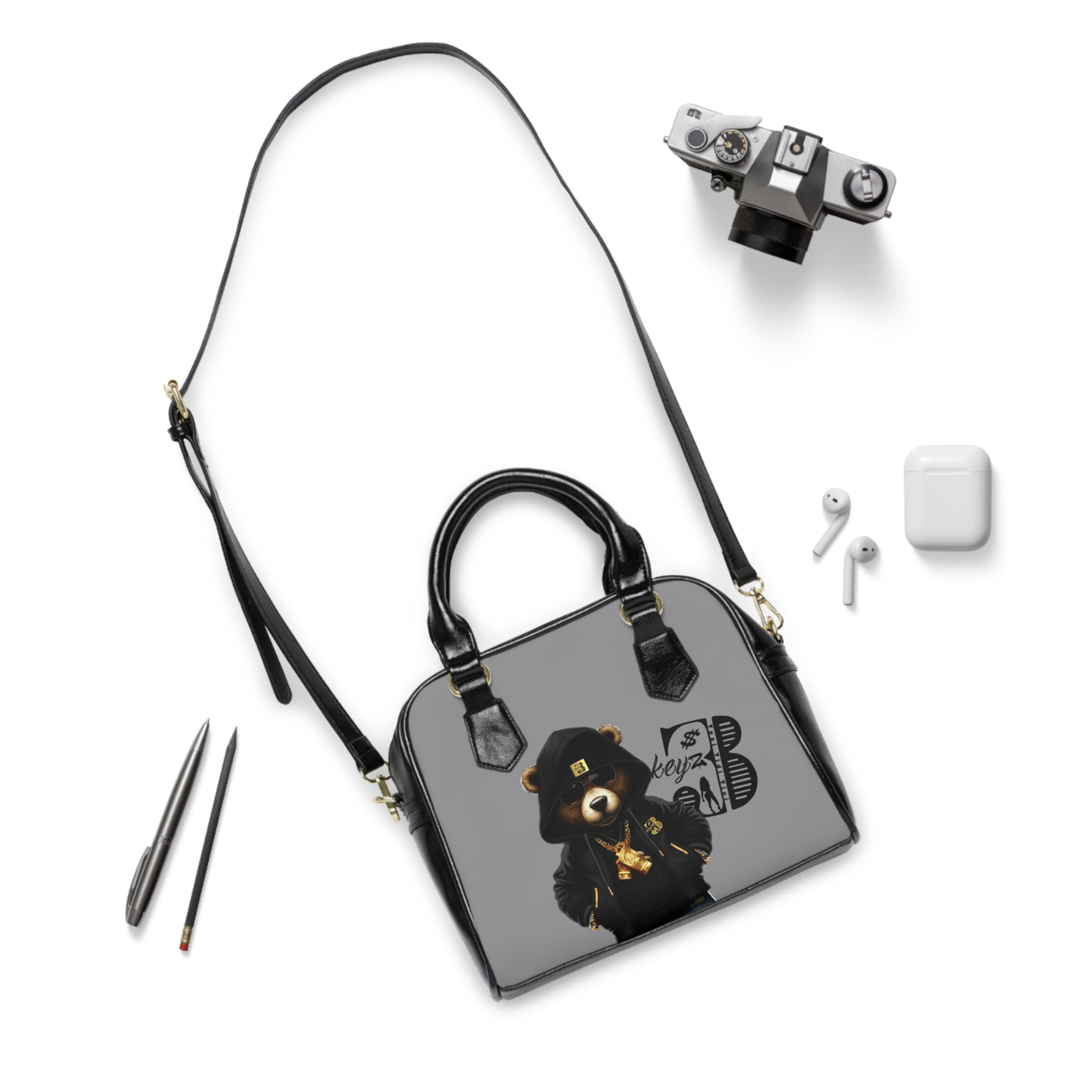 3keyz Blackout Bear Shoulder Handbag – Cute Urban Teddy with Hoodie & Gold Chain