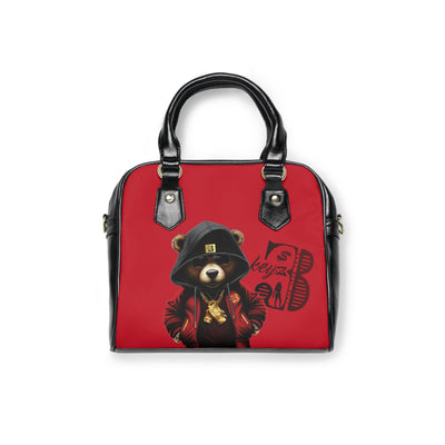 3keyz Deep Red Bear Shoulder Handbag – Cute Urban Teddy with Hoodie & Gold Chain
