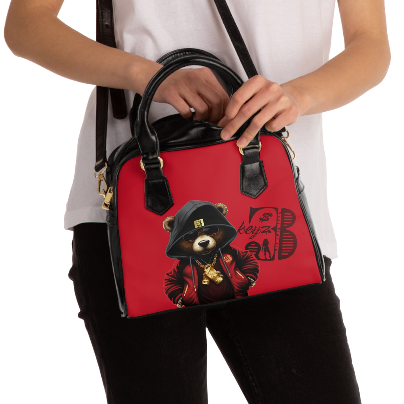3keyz Deep Red Bear Shoulder Handbag – Cute Urban Teddy with Hoodie & Gold Chain