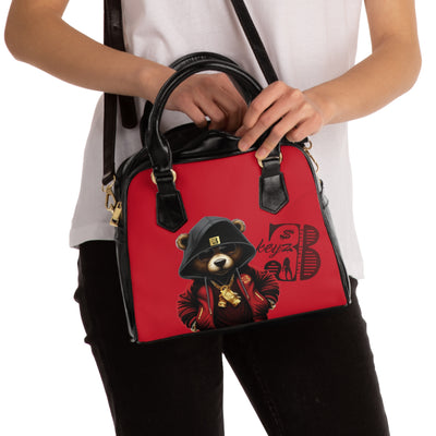 3keyz Deep Red Bear Shoulder Handbag – Cute Urban Teddy with Hoodie & Gold Chain
