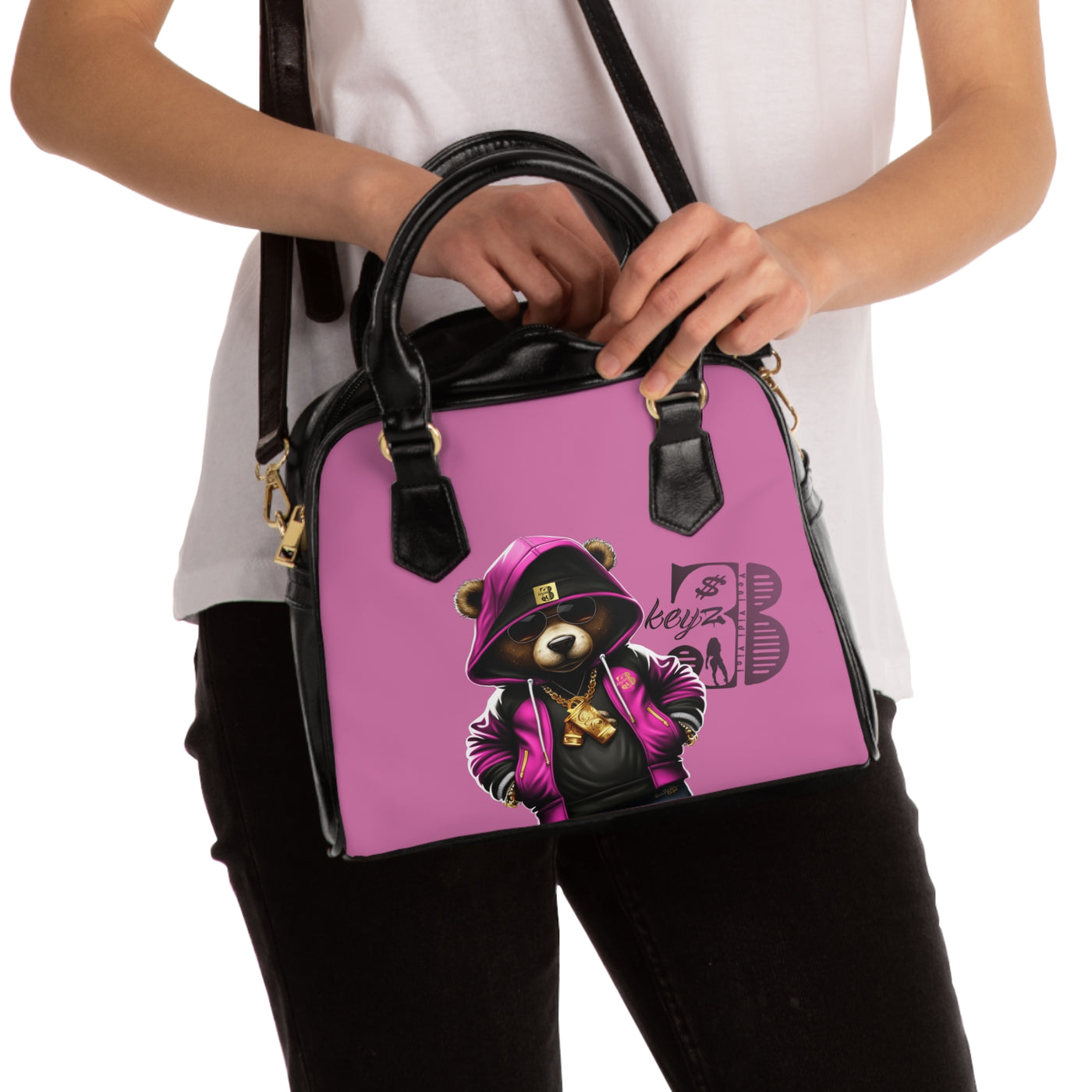 Pink 3keyz Bear Shoulder Handbag – Cute Urban Teddy with Hoodie & Gold Chain