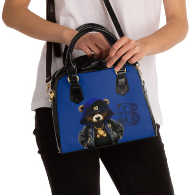3keyz Deep Blue Bear Shoulder Handbag – Cute Urban Teddy with Hoodie & Gold Chain