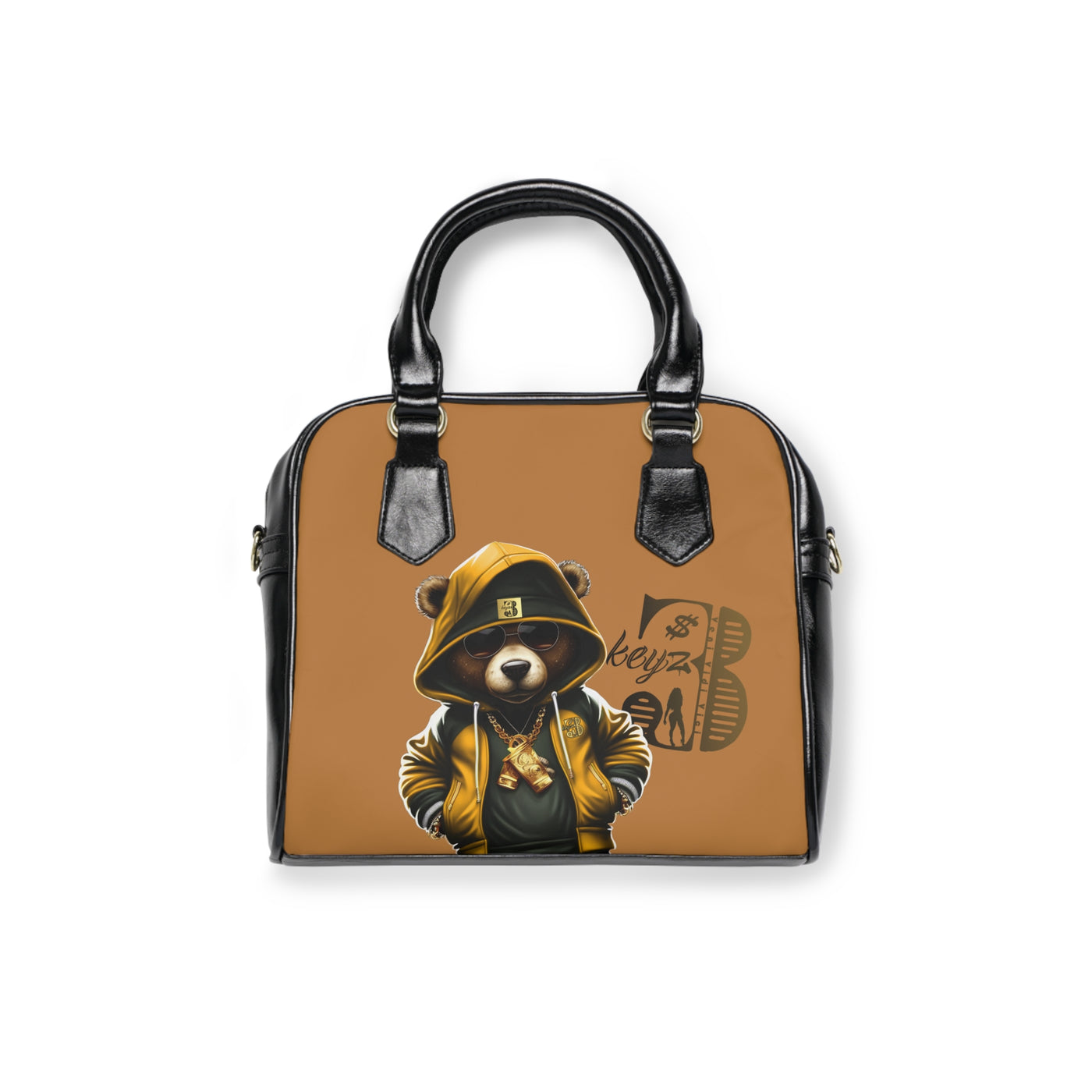 3keyz Golden brown Bear Shoulder Handbag – Cute Urban Teddy with Hoodie & Gold Chain