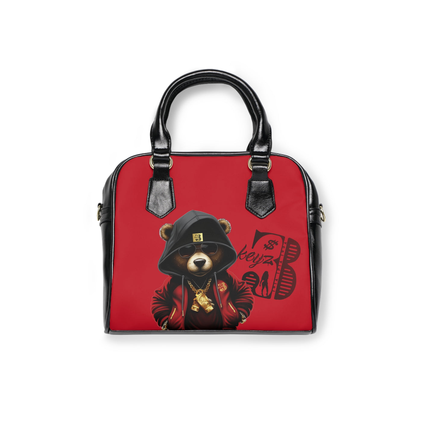 3keyz Deep Red Bear Shoulder Handbag – Cute Urban Teddy with Hoodie & Gold Chain