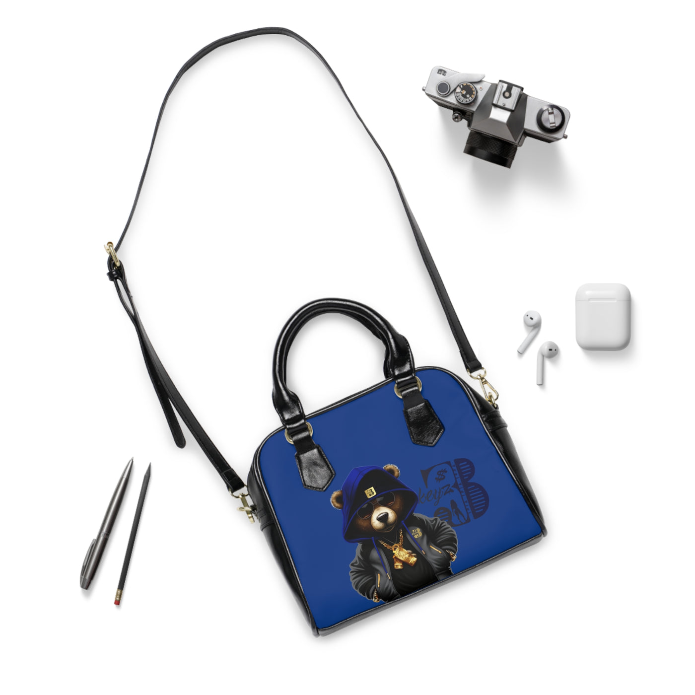 3keyz Deep Blue Bear Shoulder Handbag – Cute Urban Teddy with Hoodie & Gold Chain
