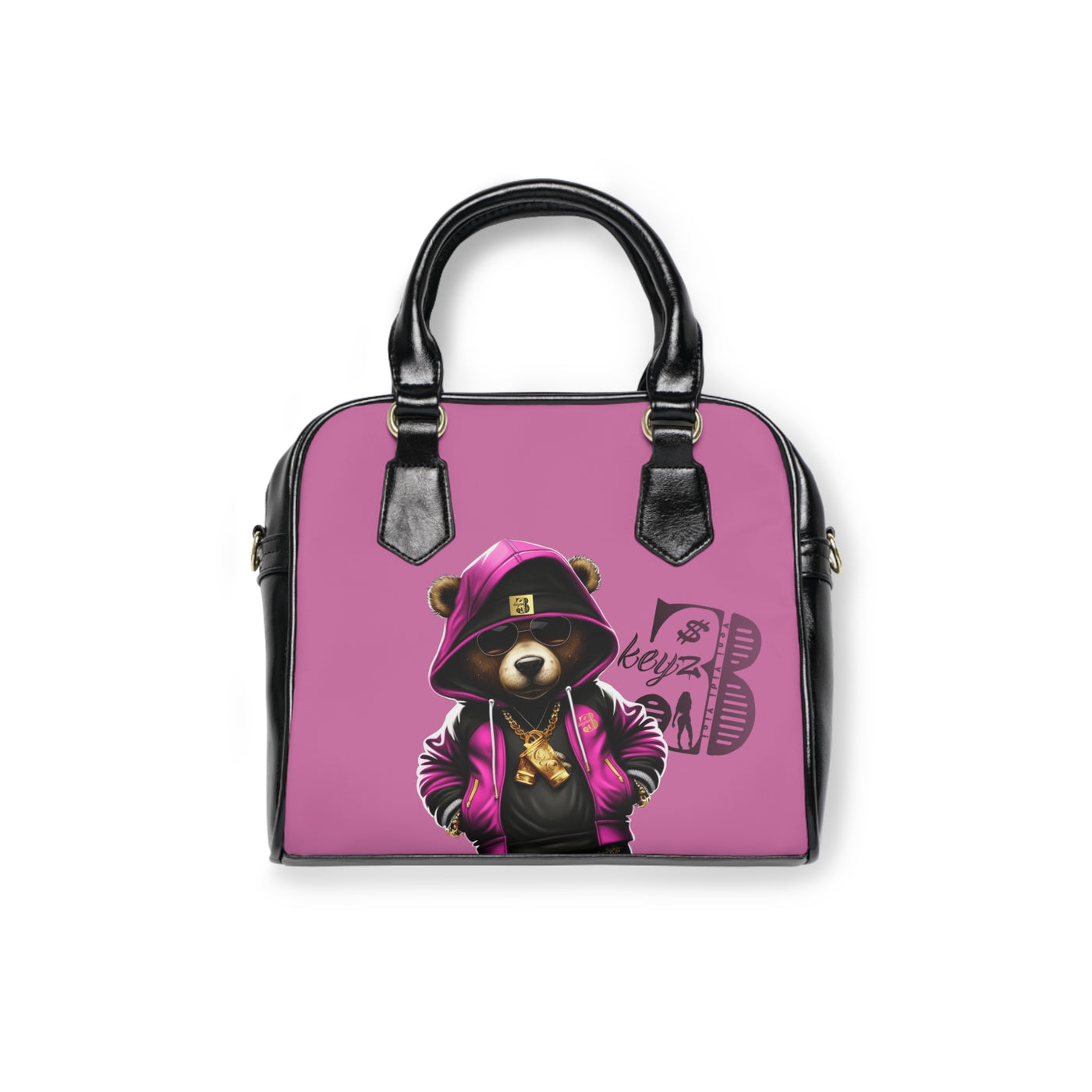 Pink 3keyz Bear Shoulder Handbag – Cute Urban Teddy with Hoodie & Gold Chain