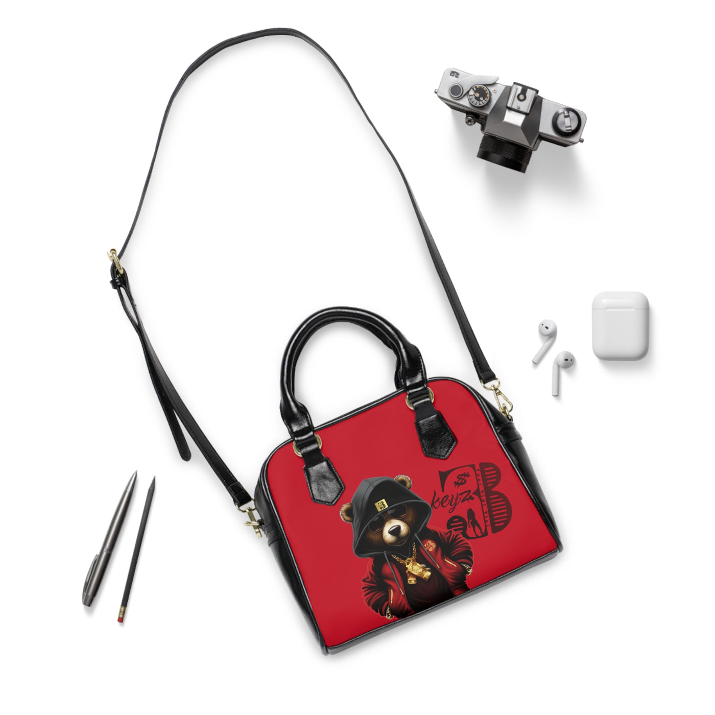 3keyz Deep Red Bear Shoulder Handbag – Cute Urban Teddy with Hoodie & Gold Chain